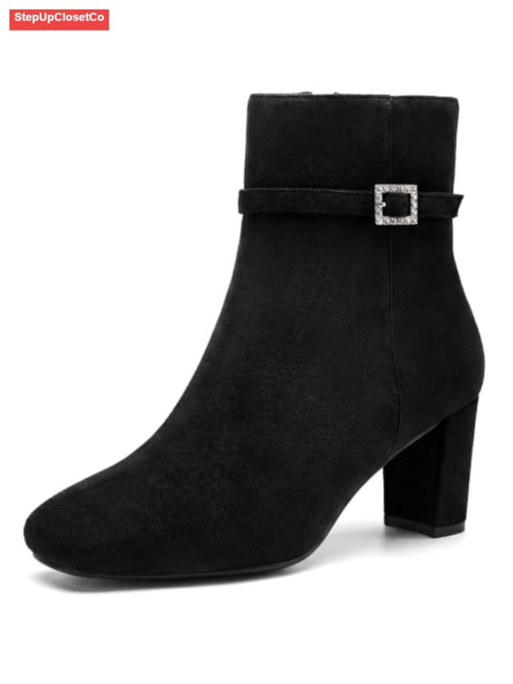 Faux Suede Rhinestone Square Toe Buckle Block Heel Ankle Boots